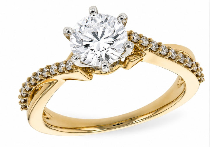 Cross Over Style Shared Prong Engagement Ring Mounting 14k Yellow Gold .24 total Carat Weight