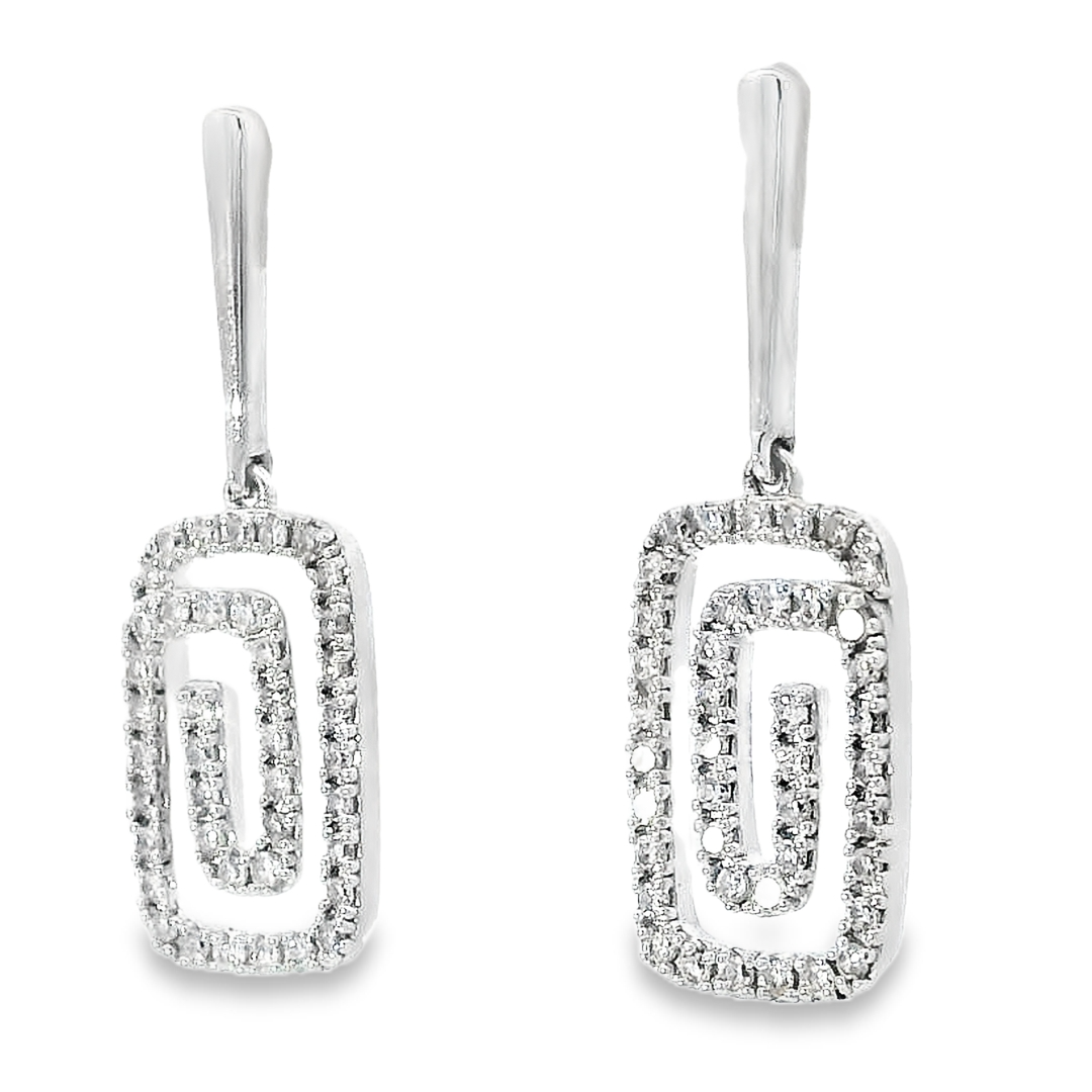14k White Gold Greek Key Drop .33ct Total Natural Diamond Earrings