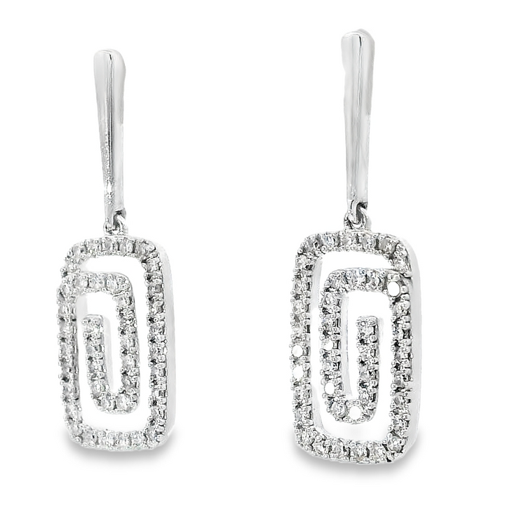 14k White Gold Greek Key Drop .33ct Total Natural Diamond Earrings