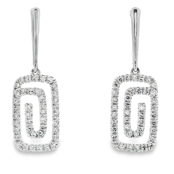 14k White Gold Greek Key Drop .33ct Total Natural Diamond Earrings