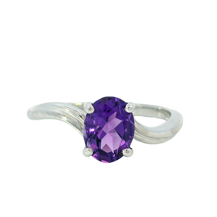 14k White Gold Oval Amethyst Solitaire Curved Shank Ring