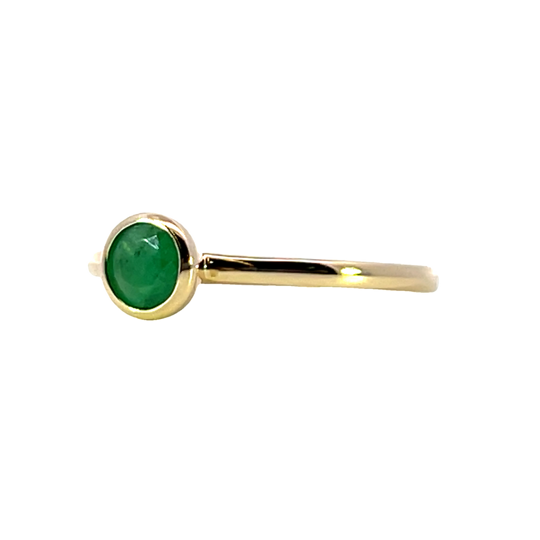 Bezel Set 14k Yellow Gold Round May Emerald Solitaire Ring