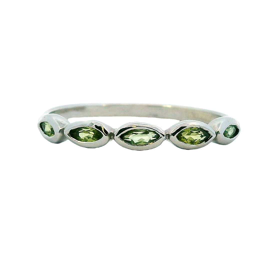 14k White Gold Marquise Peridot 5 Stone Ring