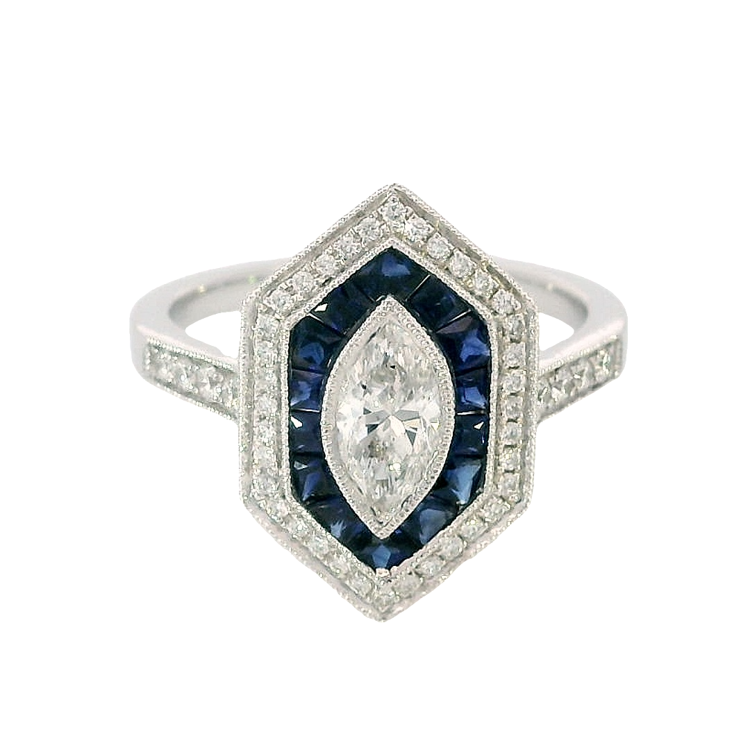 14k White Gold Round Sapphire Vintage Ring