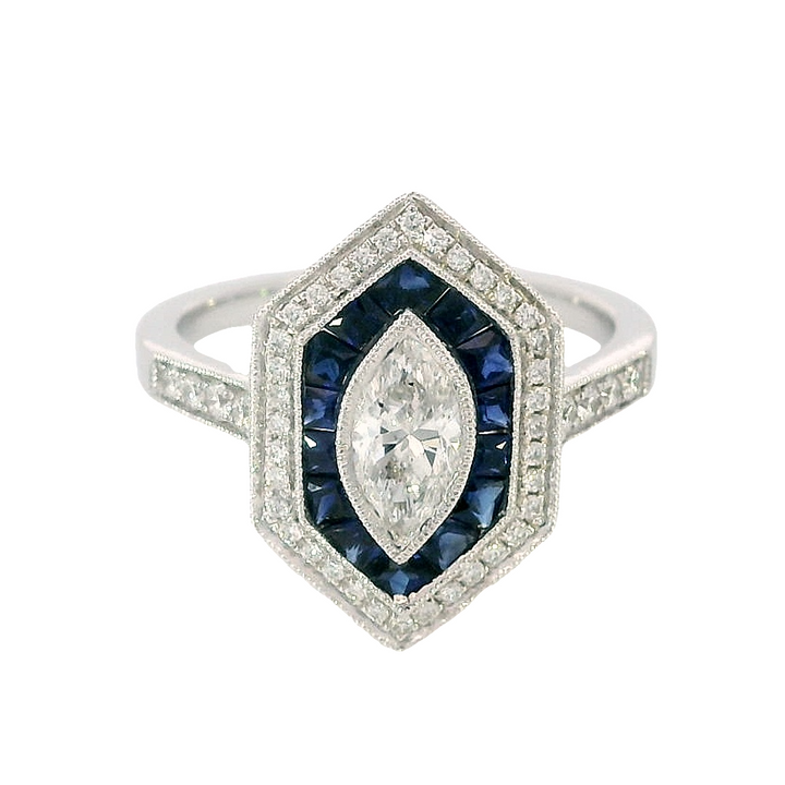 14k White Gold Round Sapphire Vintage Ring