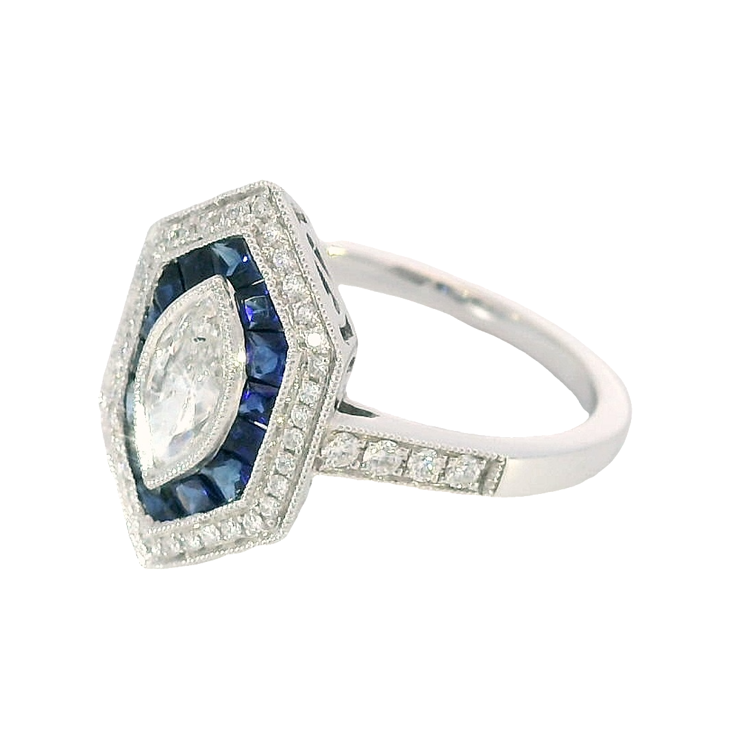 14k White Gold Round Sapphire Vintage Ring