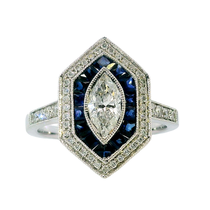 14k White Gold Round Sapphire Vintage Ring