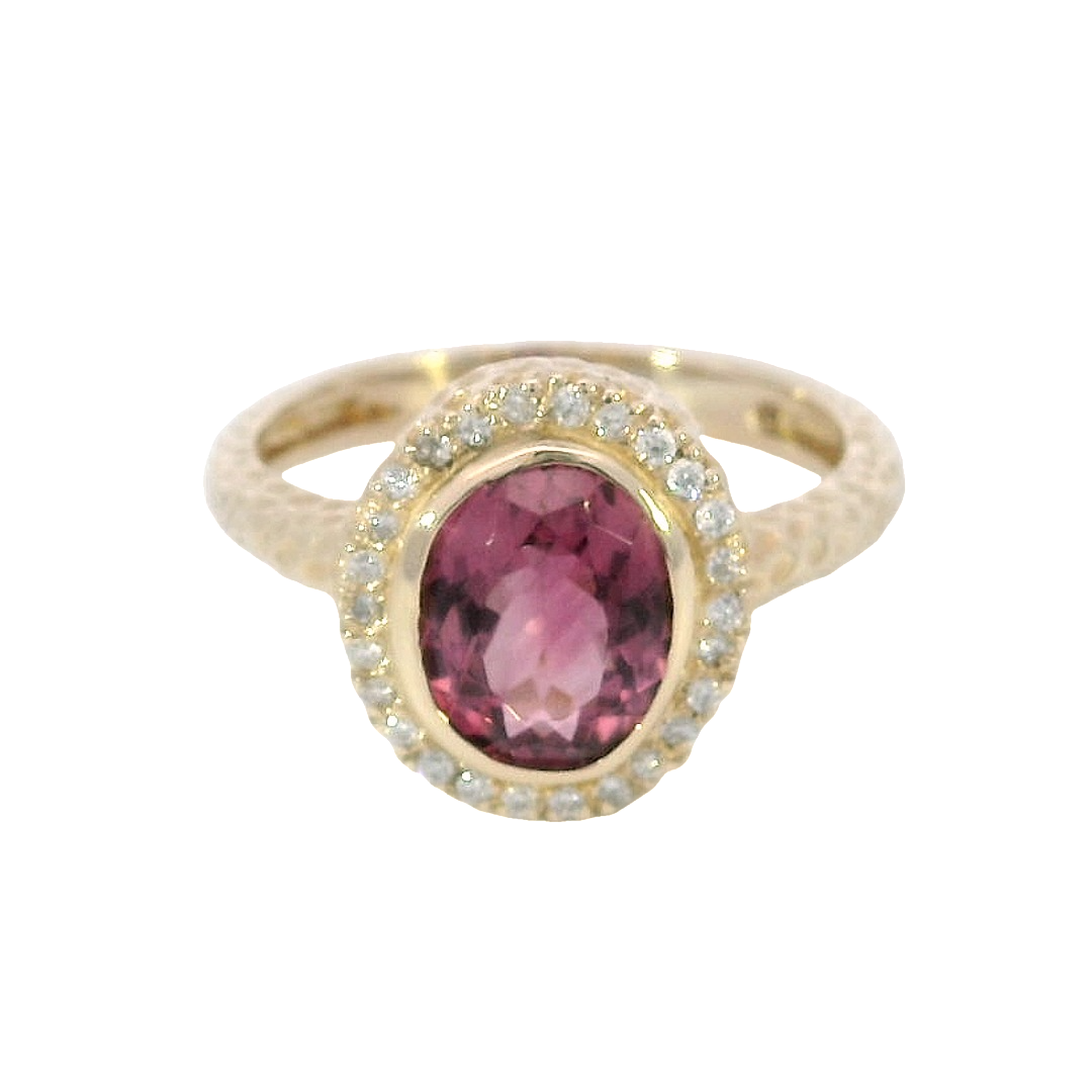 14k Yellow Gold Oval Pink Tourmaline Halo Ring