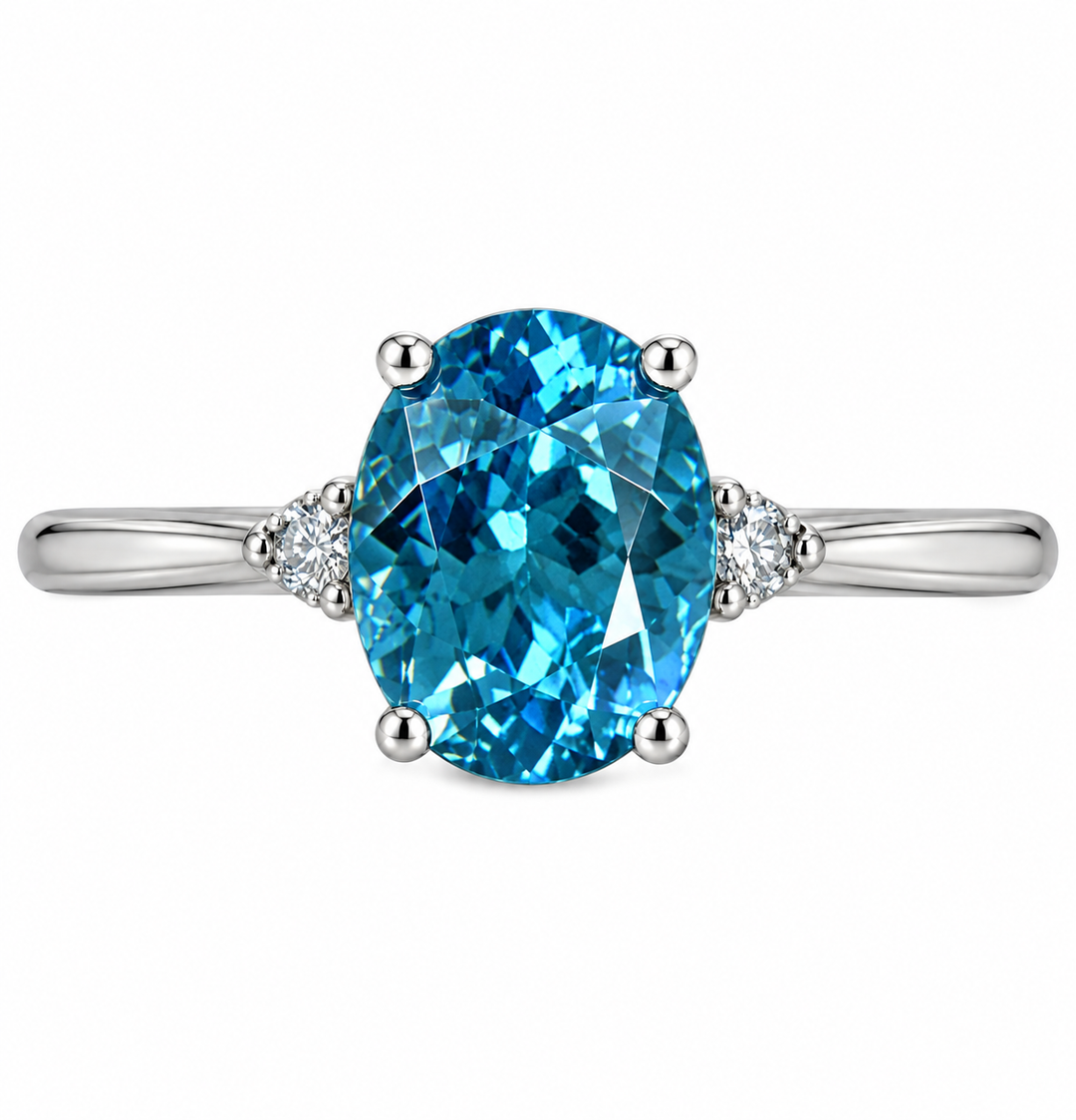14k White Gold Oval Blue Zircon 3 Stone Ring
