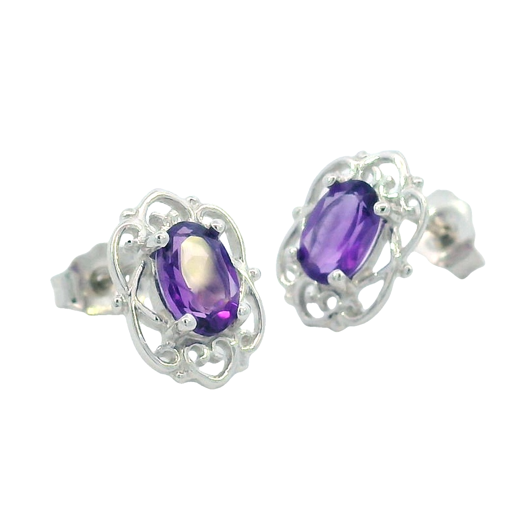 Oval Amethyst Stud Earrings, 14k White Gold