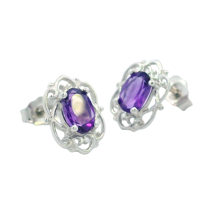 Oval Amethyst Stud Earrings, 14k White Gold