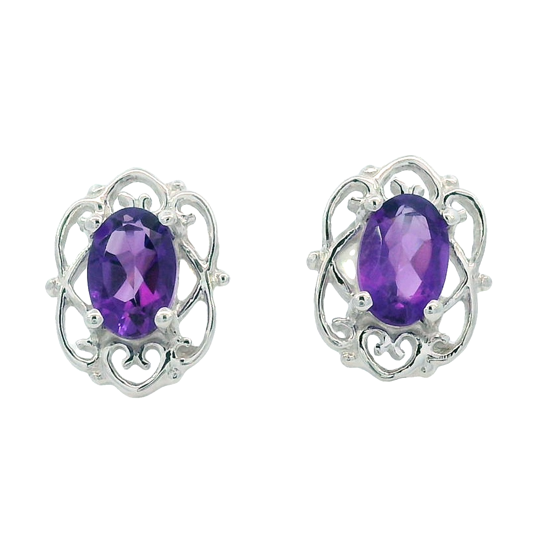 Oval Amethyst Stud Earrings, 14k White Gold