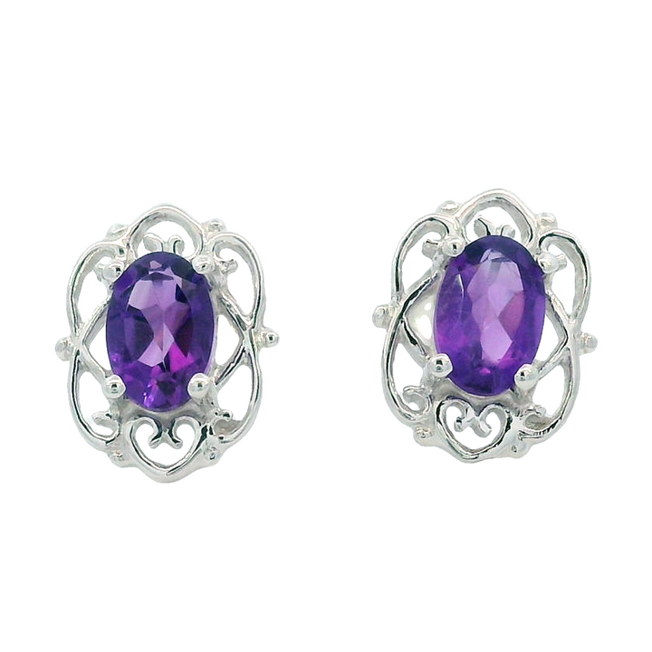 Oval Amethyst Stud Earrings, 14k White Gold