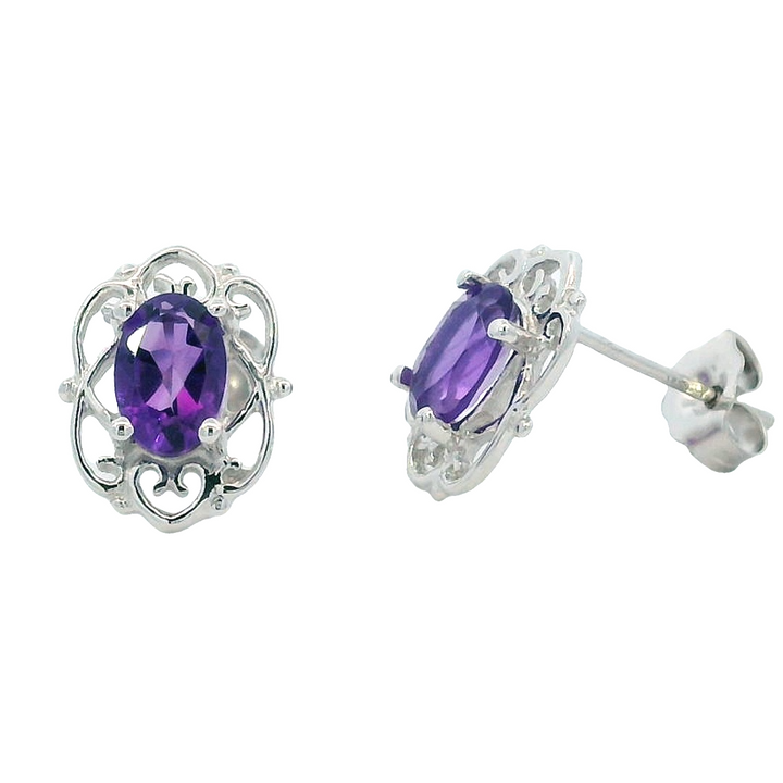 Oval Amethyst Stud Earrings, 14k White Gold