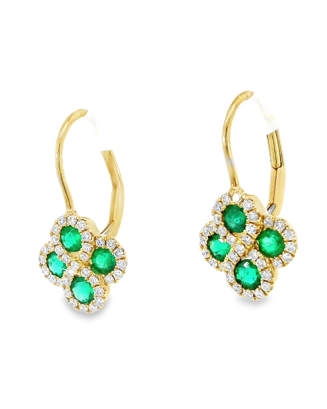 Clover Pattern with Diamonds 14k Yellow Gold Round Emerald Leverback Earrings