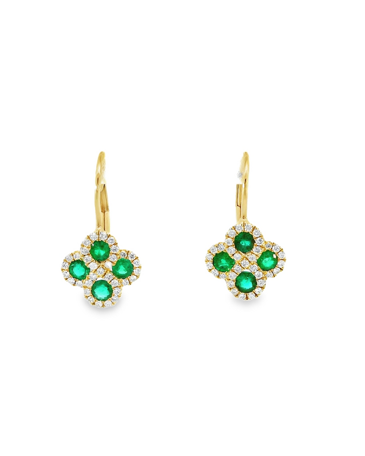 Clover Pattern with Diamonds 14k Yellow Gold Round Emerald Leverback Earrings