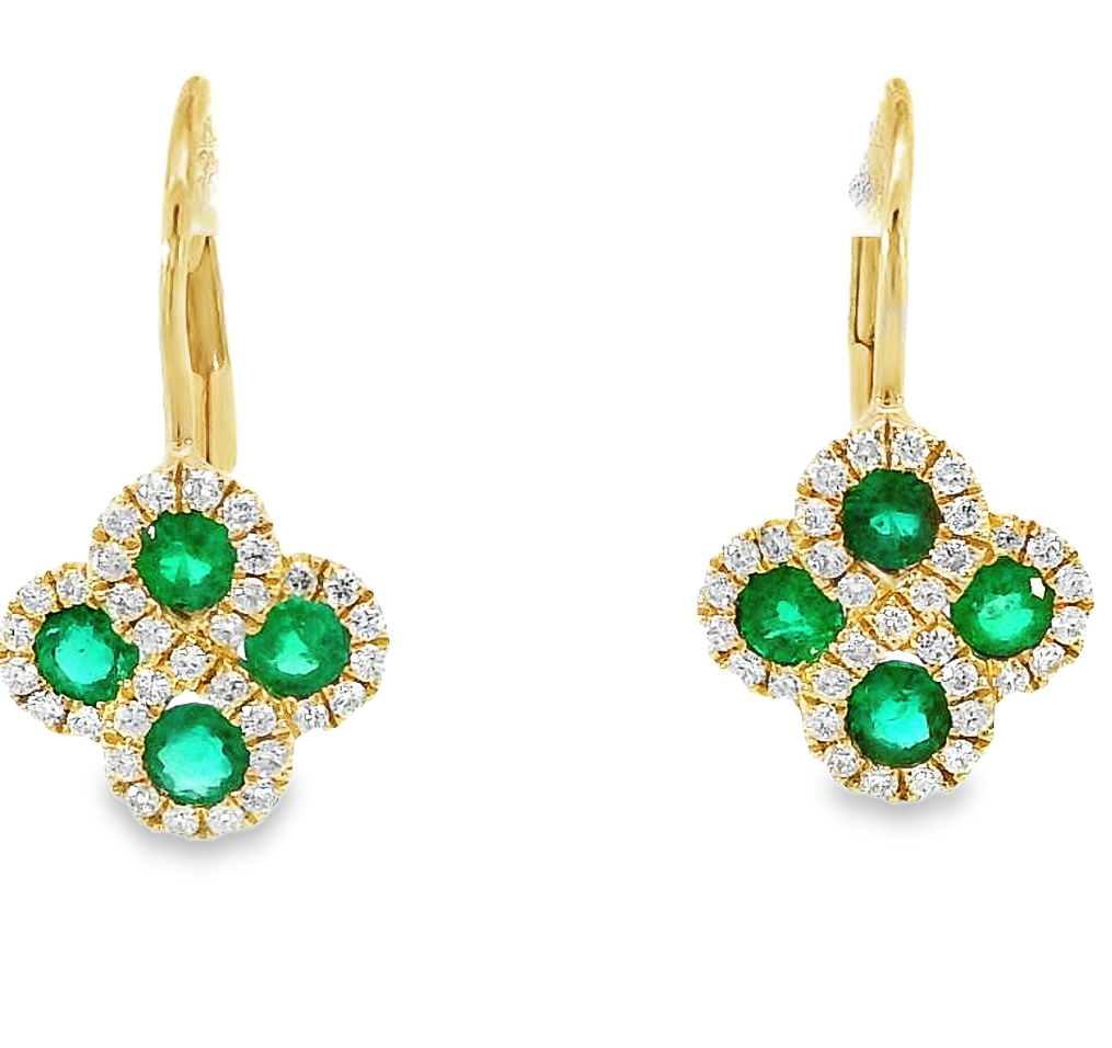 Clover Pattern with Diamonds 14k Yellow Gold Round Emerald Leverback Earrings
