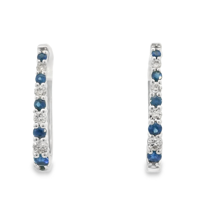 Diamond Alternating 14k White Gold Round Sapphire Hoop Earrings