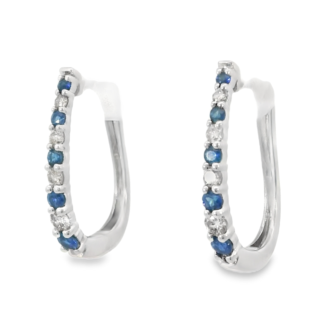 Diamond Alternating 14k White Gold Round Sapphire Hoop Earrings