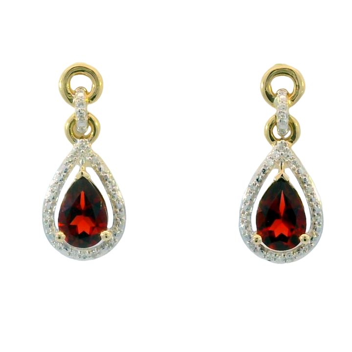 Diamond Halo 14k Yellow Gold Pear Mozambique Garnet Drop Earrings