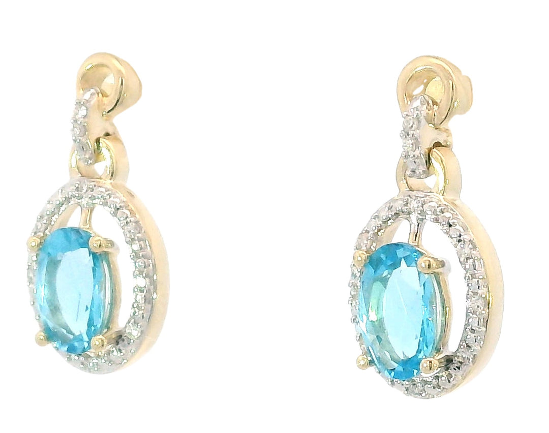 Diamond Halo 14k Yellow Gold Oval Swiss Blue Topaz Drop Earrings