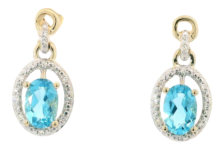 Diamond Halo 14k Yellow Gold Oval Swiss Blue Topaz Drop Earrings