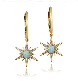 Star 14k Yellow Gold Round Opal Drop Earrings