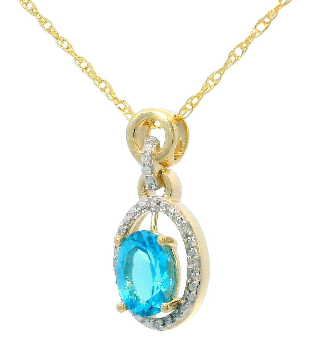 Oval Blue Topaz Pendant with Diamonds, 14K Yellow Gold