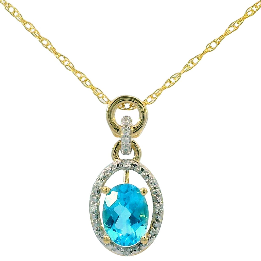Oval Blue Topaz Pendant with Diamonds, 14K Yellow Gold