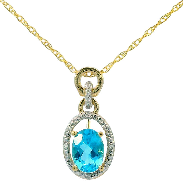 Oval Blue Topaz Pendant with Diamonds, 14K Yellow Gold