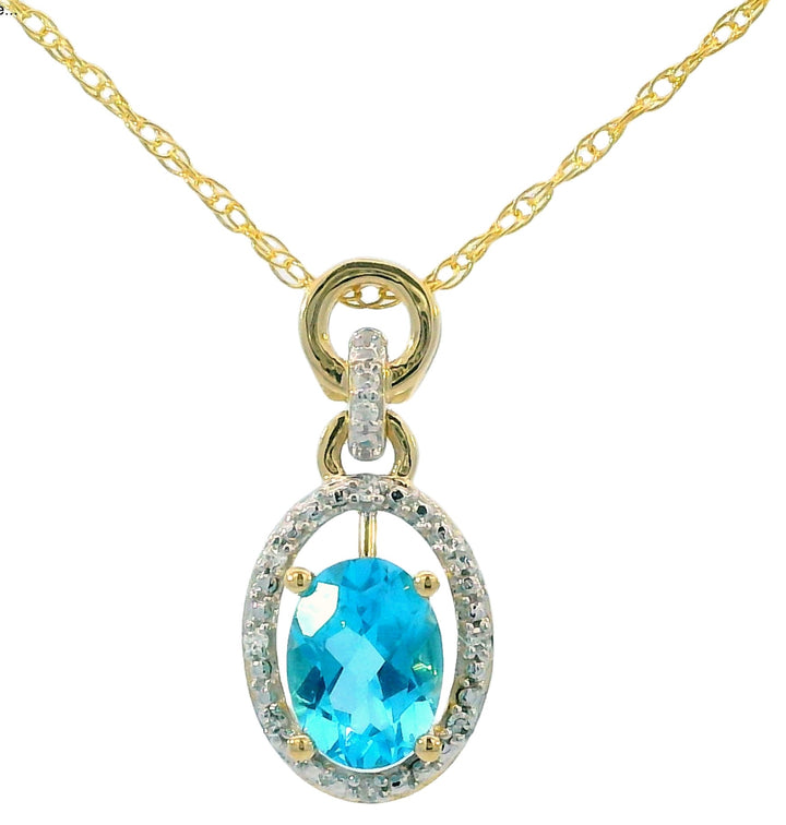Diamond Halo 14k Yellow Gold Oval Swiss Blue Topaz Drop Pendant