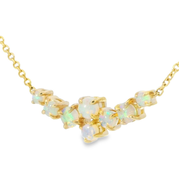 14k Yellow Gold Round Opal 8 Staggered Centered Multi Gemstone Necklace