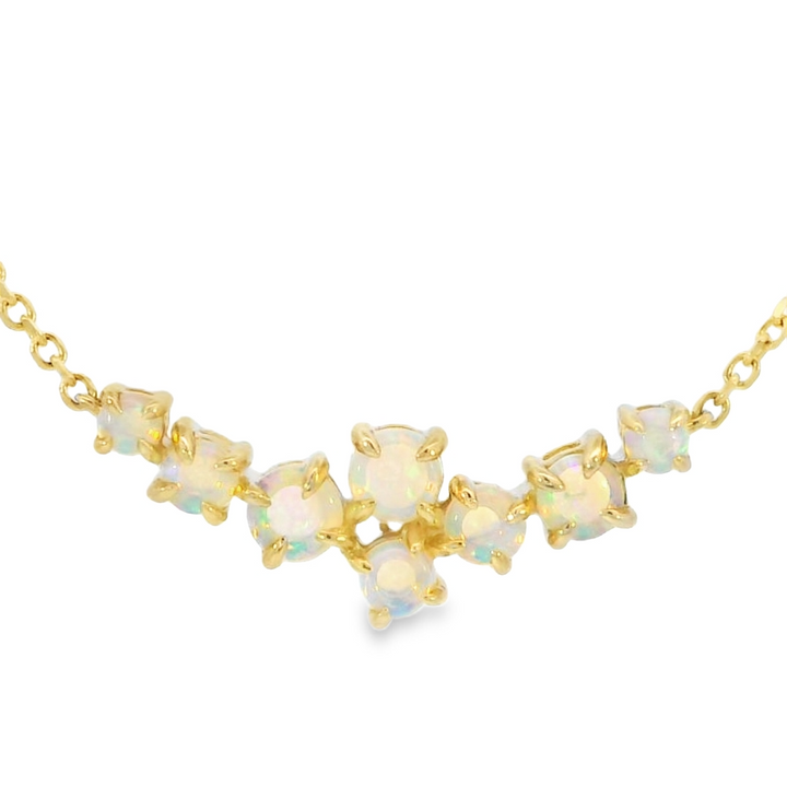 14k Yellow Gold Round Opal 8 Staggered Centered Multi Gemstone Necklace