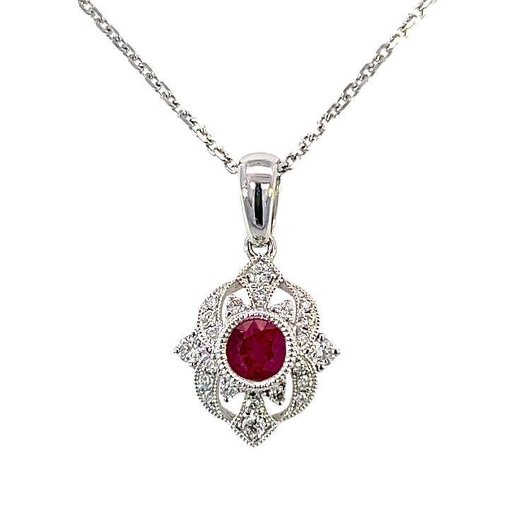 14k White Gold Round Ruby Vintage Pendant