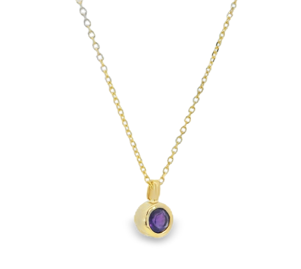 14k Yellow Gold Round Amethyst Solitaire Pendant