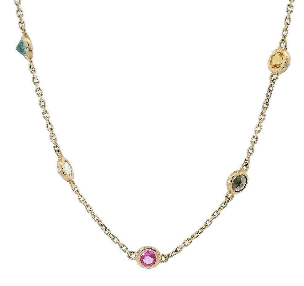 14k Yellow Gold Round Multi Gemstone Station Necklace