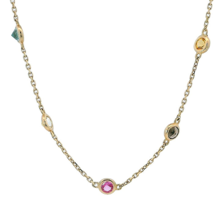 14k Yellow Gold Round Multi Gemstone Station Necklace