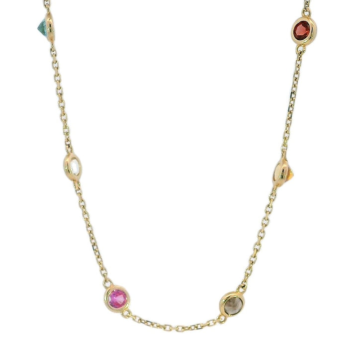 14k Yellow Gold Round Multi Gemstone Station Necklace
