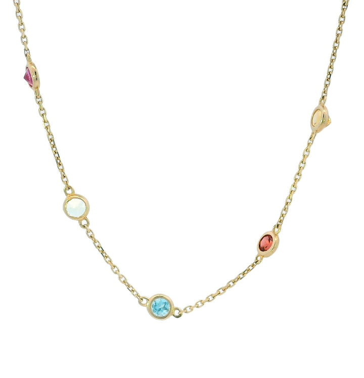 14k Yellow Gold Round Multi Gemstone Station Necklace