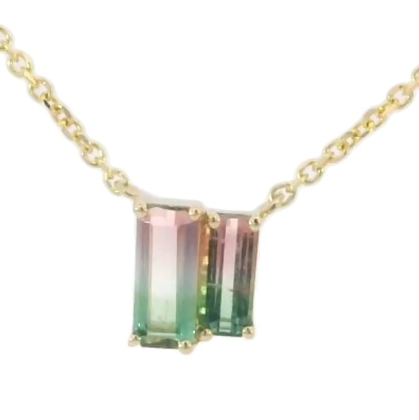 14k Yellow Gold Emerald Cut Watermelon Tourmaline Double Big/Little Centered Multi Gemstone Necklace
