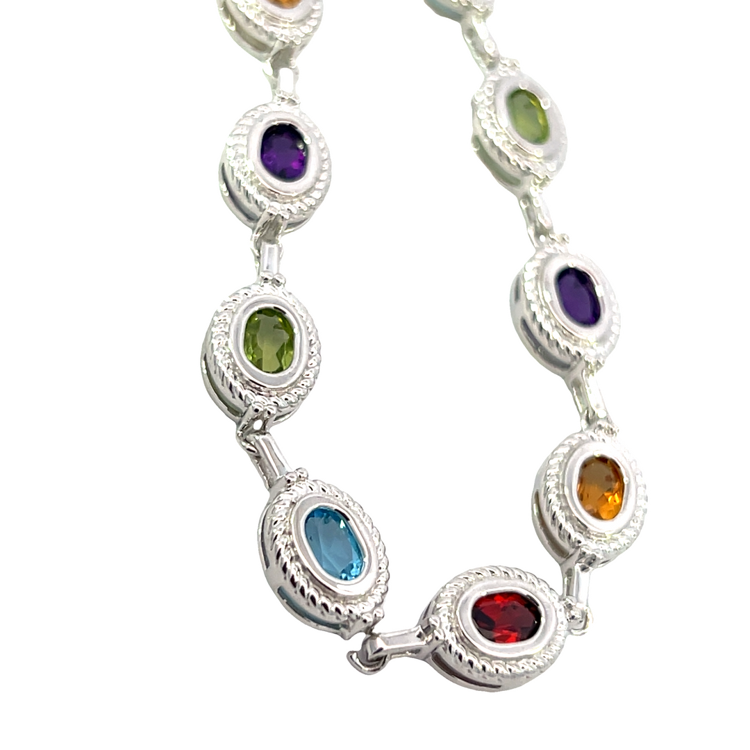 Multi Gemstone Oval Link Bracelet, Sterling Silver