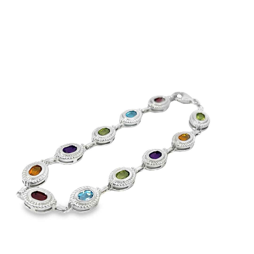 Multi Gemstone Oval Link Bracelet, Sterling Silver