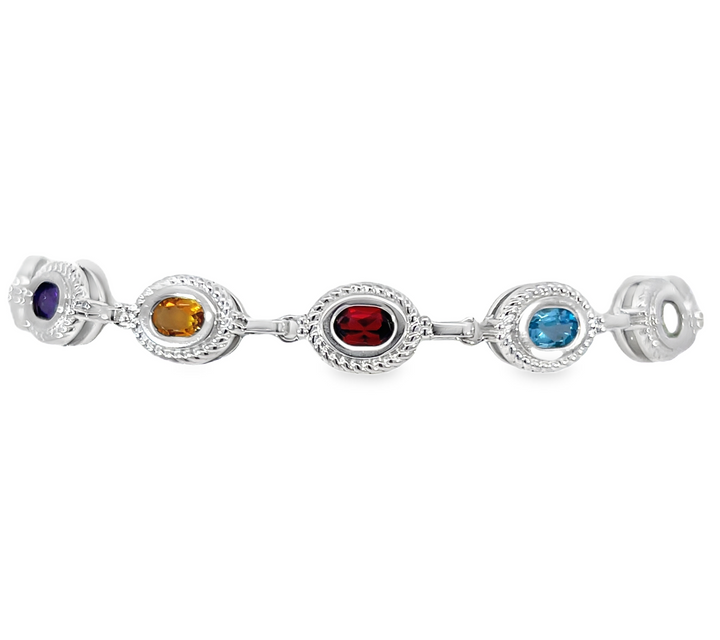 Multi Gemstone Oval Link Bracelet, Sterling Silver
