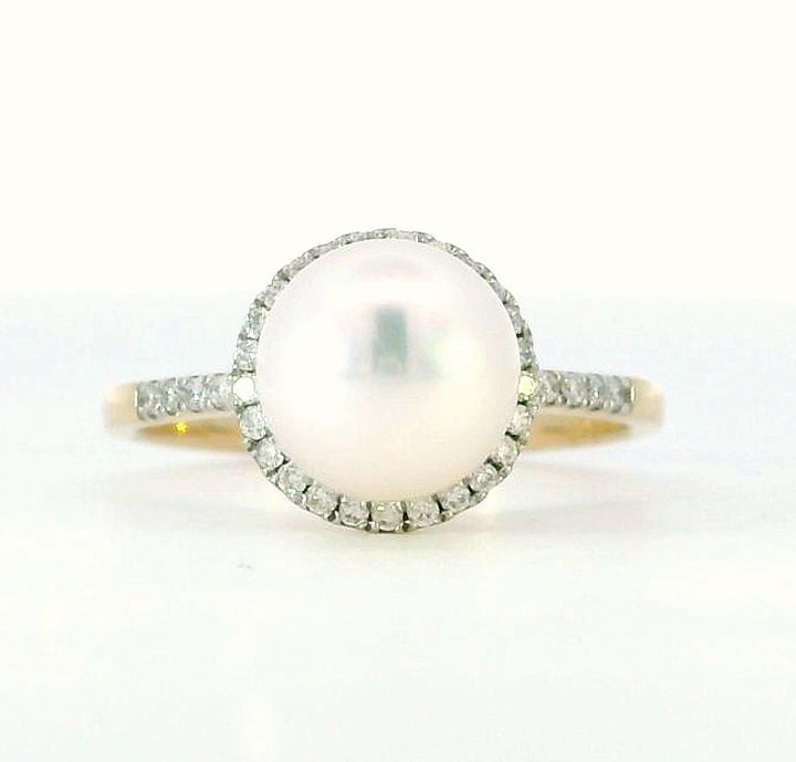 Pearl with Diamond Halo Ring, 14k Yellow Gold