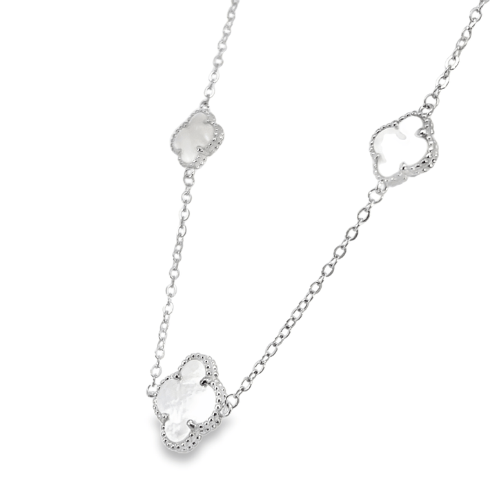Mother of Pearl Clover Pattern Station Necklace in Sterling Silver