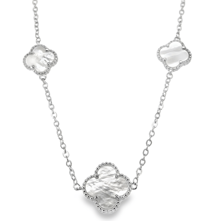 Mother of Pearl Clover Pattern Station Necklace in Sterling Silver