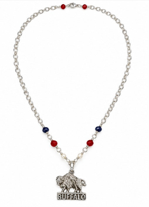 Round Buffalo Station Necklace in Sterling Silver 925 Purity, Red and Blue Dyed Jade & Freshwater Pearl