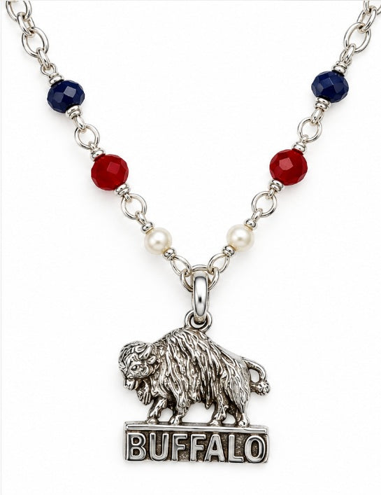 Round Buffalo Station Necklace in Sterling Silver 925 Purity, Red and Blue Dyed Jade & Freshwater Pearl