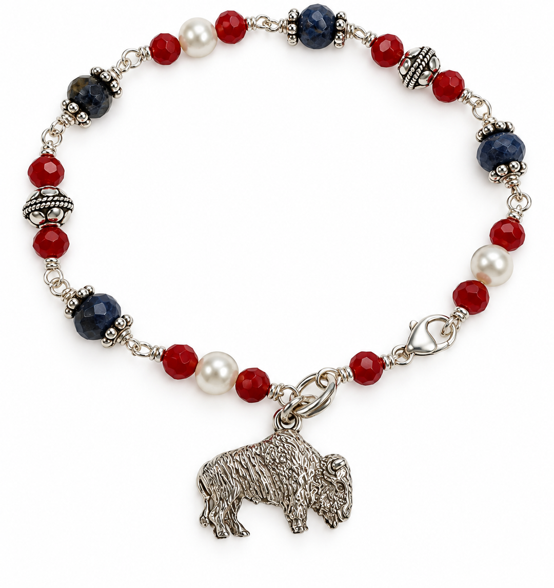Sterling Silver Buffalo Red White and BlueFancy Link Bracelet