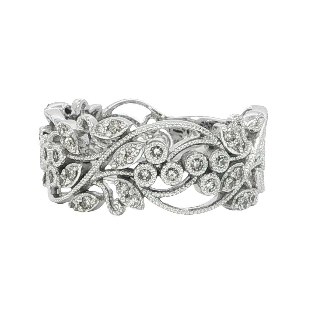 Scroll Pattern Diamond Antique Style Ring 14k White Gold .25ct Total